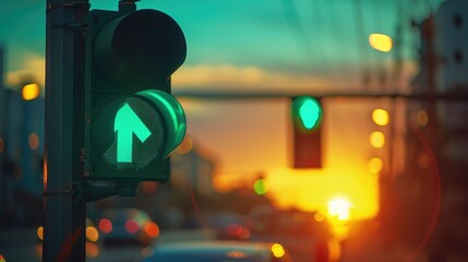 Green traffic light with green arrow light up in city while sunset allows car to turn right - obrazy, fototapety, plakaty