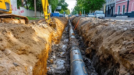 Excavation trench on a city street to replace plastic water pipes or laying cables. Repair and renovation at construction and development site. - obrazy, fototapety, plakaty