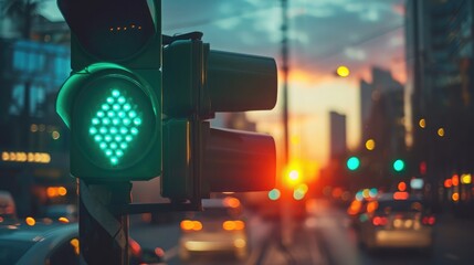 Green traffic light with green arrow light up in city while sunset allows car to turn right - obrazy, fototapety, plakaty