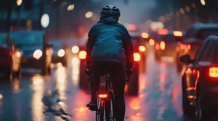 Fotobehang Verenigde Staten male cyclist passing traffic jam