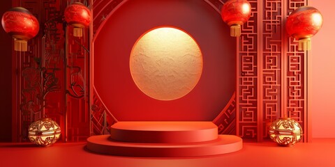 Podium and round podium for Chinese new year 2024 on red paper cut style background.