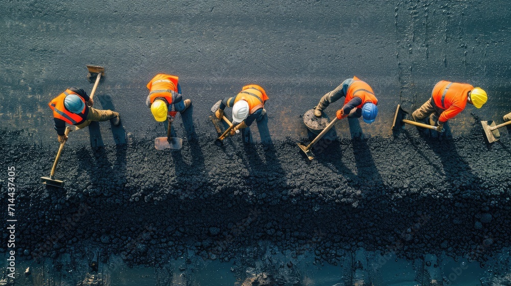 Wall mural teamwork, group of workers on a road construction, team of people at work