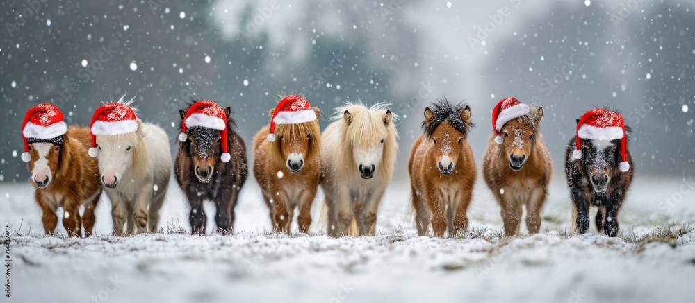 Wall mural christmas-themed miniature shetland ponies, wearing santa hats, stand in a row on a snowy field in w