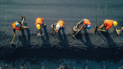 Teamwork, Group of workers on a road construction, team of people at work