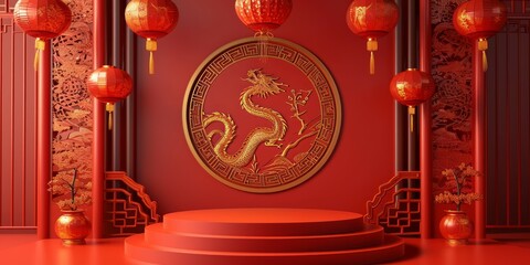 Chinese New Year podium display with red paper lanterns and gold dragon. 3D rendering