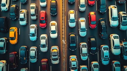 Top view of numerous cars in a traffic jam - obrazy, fototapety, plakaty