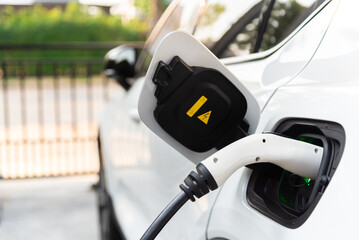 Fototapeta premium An electric vehicle, charged by alternative clean energy and plugged in with a cable from a home charging station, stands as a symbol of progressive thinking