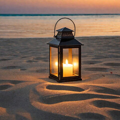 Handheld lamps and candles placed on the beach at the seaside, beautiful evening beach, green food on sugar, sunset and waves at the seaside
