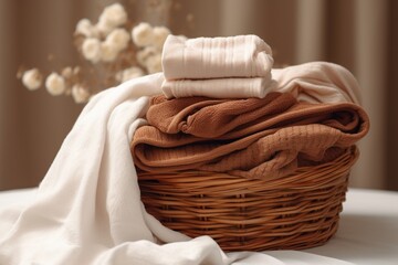 Fototapeta na wymiar Stack of clean towels in wooden basket on table in bathroom