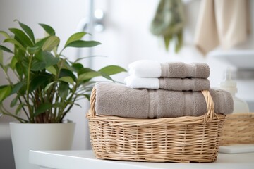 Fototapeta na wymiar Towels in wicker basket on countertop in modern bathroom