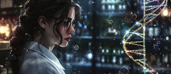 Observing DNA model, intelligent and pleasant lady.