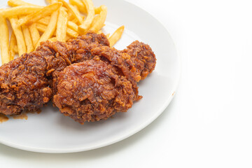 spicy Korean fried chicken with french fries
