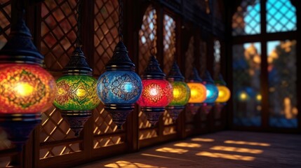 colorful islamic lamps hanging in the streets for ramdan kareem fasting month