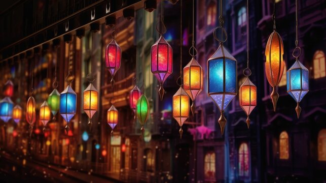 colorful islamic lamps hanging in the streets for ramdan kareem fasting month