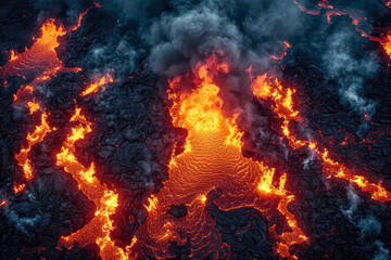 Burning and smoking hot lava flowing down the slope of a volcano, generative ai