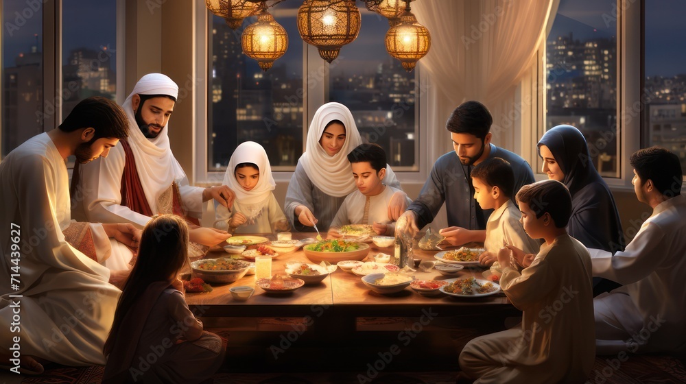 Wall mural illustration of a family gathering on the muslim eid al-fitr holiday, they eat together with joy, ba