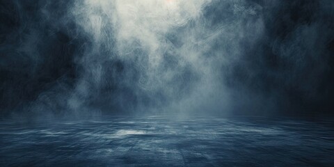 Blue dark abstract light in night background setting empty scene with smog old black fog under...