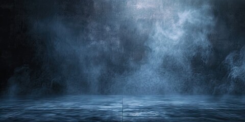 Blue dark abstract light in night background setting empty scene with smog old black fog under...