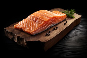 Raw salmon on wooden board with rosemary