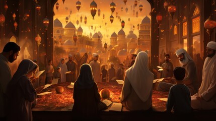 Illustration of a family gathering on the Muslim Eid al-Fitr holiday, they eat together with joy, background illustration of the month of Ramadan Kareem.