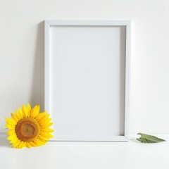 A4 size picture frame mockup. The border color of the picture frame is white. Sunflower next to it.