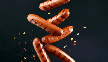 Flying Grilled Sausages - obrazy, fototapety, plakaty