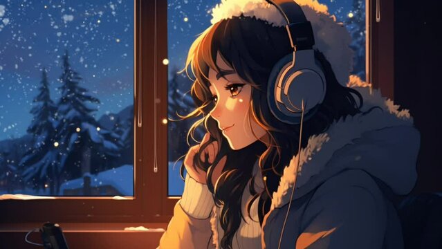 Anime girl listening to music by the window in winter, for lofi background music. seamless looping time-lapse 4k animation video 