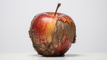 Close up of rotten red apple fruit on white background. Rotting organic waste.