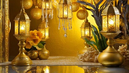 golden christmas bells, Opulent yellow Ambiance with Golden Lanterns 