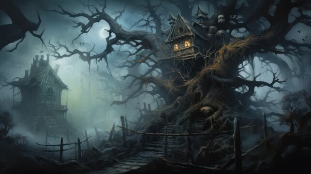 Illustration of an old dark tree house, branches spreading in a mystical forest, spooky Halloween themed wallpaper background.