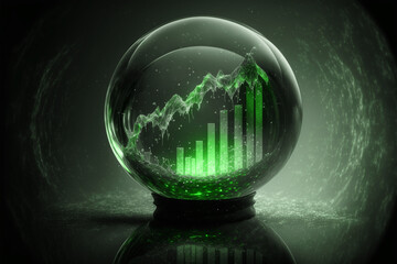 Green stock market chart in a crystal ball representing the prediction of a bull market, illustration, mystery dark background, light reflections and effects, created with generative AI technology - obrazy, fototapety, plakaty