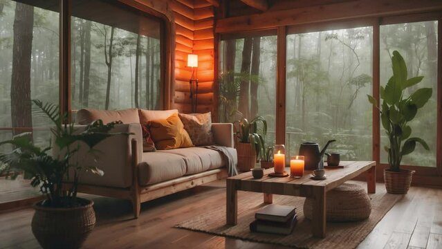 virtual backgrounds loop animation, stream overlay. cozy lo-fi living room in jungle, rain. live wallpaper, vtuber asset twitch zoom OBS screen, anime chill hip hop