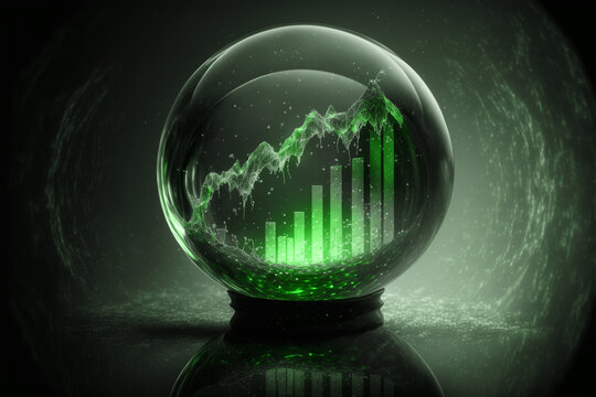 Green stock market chart in a crystal ball representing the prediction of a bull market, illustration, mystery dark background, light reflections and effects, created with generative AI technology