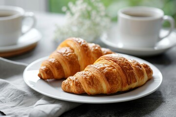 Fresh croissants and coffee cups on kitchen table. Healthy eating and sweet food concept. Romantic breakfast on the terrace with beautiful morning garden view.