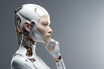 Close up portrait white humanoid robot thinking and touching chin on the futuristic white background. Artificial Intelligence. Quantum computer. Generated AI