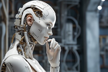 Fototapeta premium Close up portrait white humanoid robot on the futuristic techno background. Artificial Intelligence. Quantum computer. Generated AI