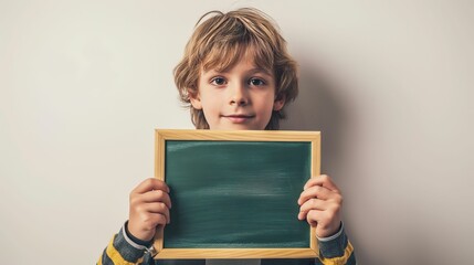 Young Boy Holding Blank Green Chalkboard