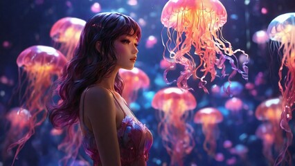 Woman standing next to a big aquarium with colourful jellyfishes around her