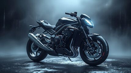 Rev up excitement AI image: A sleek black motorcycle, defined by clean lines, dominates against a dark backdrop. Dynamic and stylish, this image captivates for a powerful advertising statement.