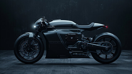 Rev up excitement AI image: A sleek black motorcycle, defined by clean lines, dominates against a dark backdrop. Dynamic and stylish, this image captivates for a powerful advertising statement.