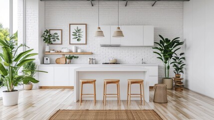 Interior of modern minimalist Scandi kitchen. Flat white facades, white tile backsplash, kitchen island with wooden stools, open shelves, indoor plants.