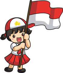 Icon of Indonesian Independence Day with people holding the flag