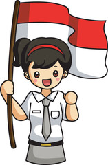 Icon of Indonesian Independence Day with people holding the flag