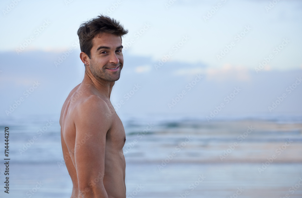 Poster Portrait, muscular and beach with man, vacation and adventure with tropical island getaway and summer break. Face, seaside or person with smile or shirtless with journey, holiday or ocean with travel