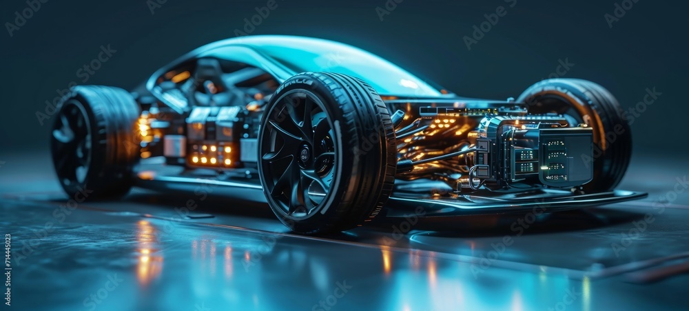 Poster 3d graphics rendering showing a fully developed electric vehicle prototype. translucent image of the