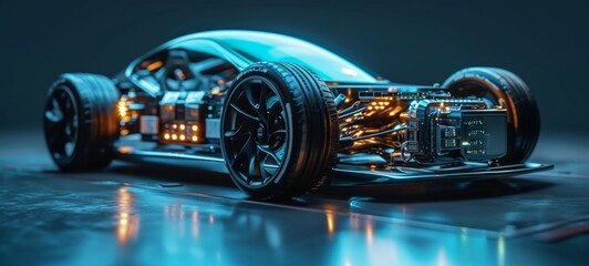 3D graphics rendering showing a fully developed electric vehicle prototype. Translucent image of the body allows to see the layout of components and assemblies. Blue neon lighting. - obrazy, fototapety, plakaty