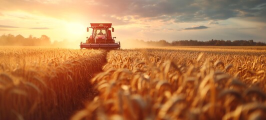 Fototapeta premium Front view of modern automated combine harvesting wheat ears on a bright summer day. Grain harvester in a vast golden wheat field. Blue cloudy sky with bright sun in the background.