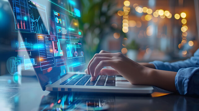 Dynamic Business Strategy and Market Insights An Analyst's Interactive Dashboard Displaying Real-Time Financial Data on a Laptop.