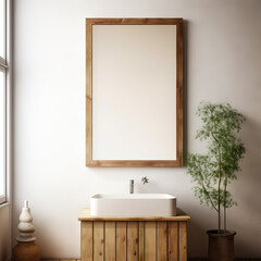 Bright minimal bathroom interior with white basin and oval mirror, bathtub, dry plants in vase, carpet on granite floor. Bathing accessories