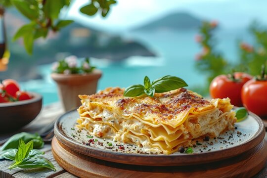 Rustic wooden table with a plate of Italian lasagna Bolognese garnished with fresh basil leaves. Bright summer restaurant terrace overlooking a beautiful Mediterranean seascape.